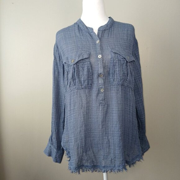 FREE PEOPLE GAUZE POPOVER, CORNFLOWER BLUE, FRAYED HEM,  SIZE SMALL\PETITE - Picture 1 of 7
